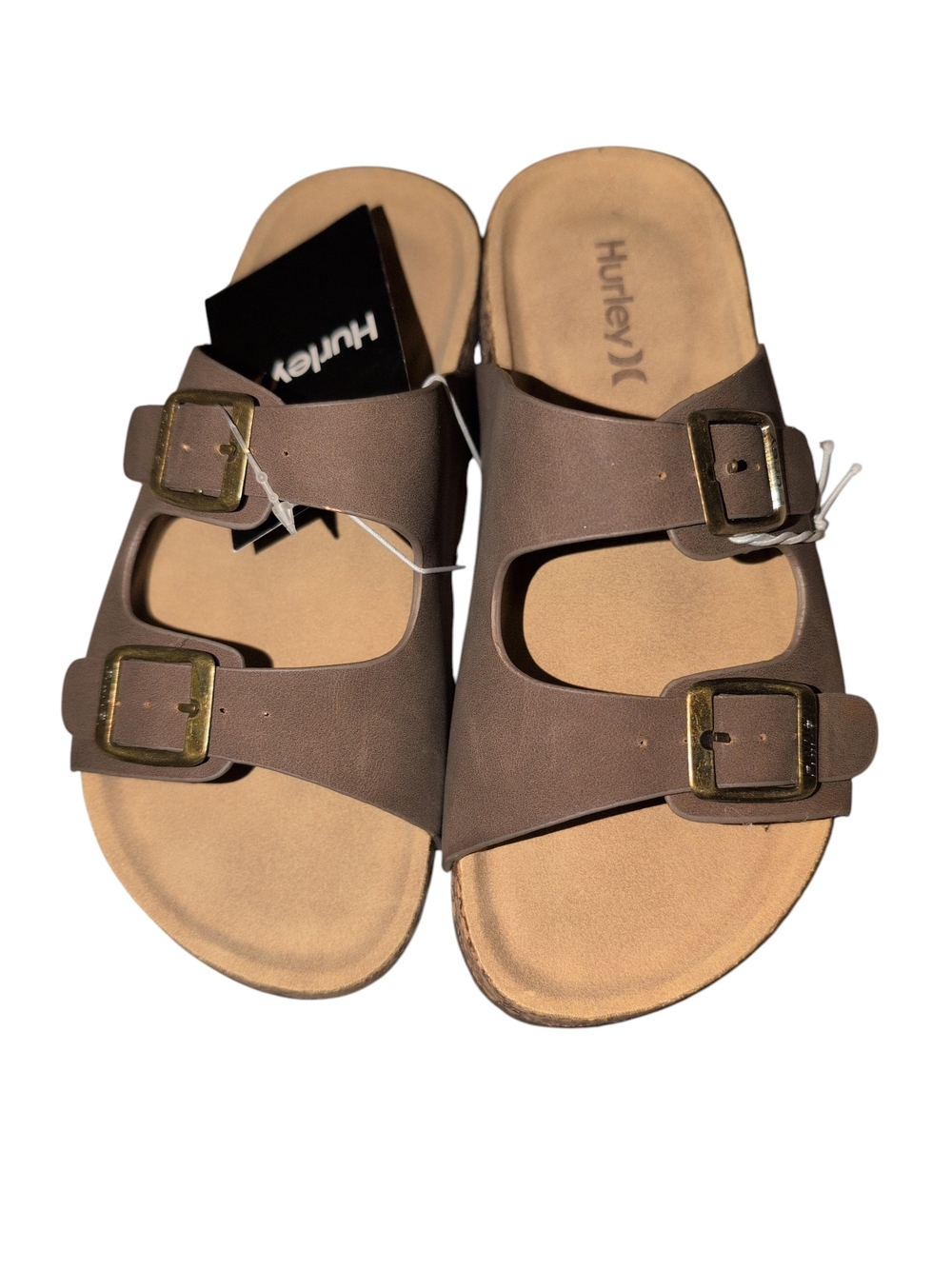 Hurley Kids Brown Double-Buckle Slide Sandals with Gold Buckles